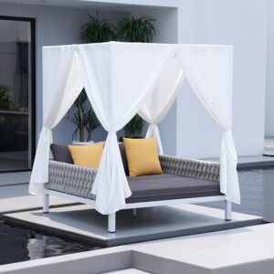 White Aluminum & Gray Woven Rope 2-Person Outdoor Patio Daybed with Canopy Curtains