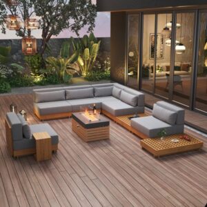 Grida Premium Teak Modular L-Shaped Outdoor Sofa Set with Fire Pit and Gray Cushions