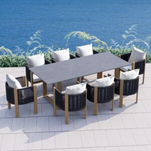 86.6 Inch Outdoor Dining Set with Faux Marble Table and Woven Rope Chairs for 8