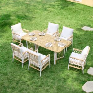 Outdoor dining set with rectangular aluminum and wicker table, 6 chairs, weather resistant and boho in khaki