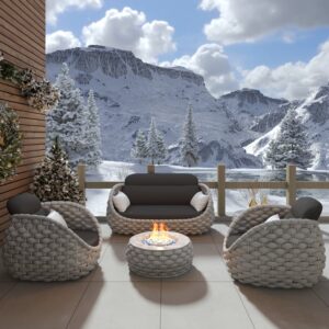 Smokeless Propane Outdoor Fire Pit Table Round Patio Furniture Tatta Weave Round Propane Outdoor Fire Pit & Outdoor Swivel Sofa Set (13.8" High)