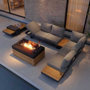 Tevara 5-Piece Modular Teak Outdoor Sofa Set with Smokeless Fire Pit for 6 Person in Gray