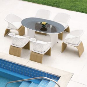 Outdoor Dining Set for 6 with Oval Glass Table and Rattan Armchairs