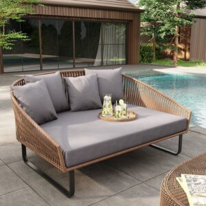 63 Inch Rattan Outdoor Daybed with Gray Cushion and Aluminum Frame for Patio