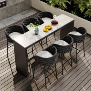 7-Piece Outdoor Sintered Stone & Aluminum Bar Dining Set with 6 Bar Stools in Dark Gray