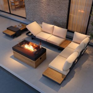 Tevara 5-Piece Modular Teak Outdoor Sofa Set with Smokeless Fire Pit for 6 Person in Beige