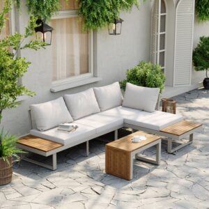 Slatera 4 Seater Outdoor Acacia Sectional Patio Sofa Set with Cushion Table