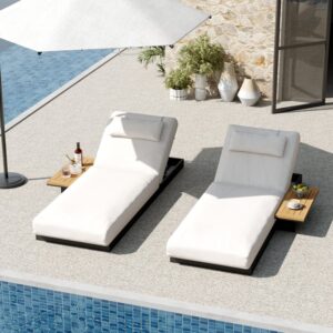 Tevara Wood & Aluminum Outdoor Lounger Daybed Patio Furniture in Beige Cushion Set of 2