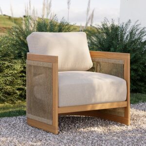 Boheva Woven Rope Outdoor Dining Chairs Set of 2 with Teak Frame and Cushions
