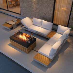 Tevara 5-Pieces Modular Teak Outdoor Sofa Set with Smokeless Fire Pit 6 Person in Warm White