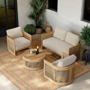Teak & Rope Weave Outdoor Sofa Set for 4 with Table