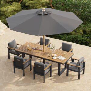 Tevara 8-Piece Rectangle Wood & Aluminum Outdoor Patio Dining Set with Central Pillar Umbrella