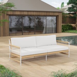 Outdoor Sofa 3-Seater - Ropipe Woven Rope with White Polyester Pillow Cushion