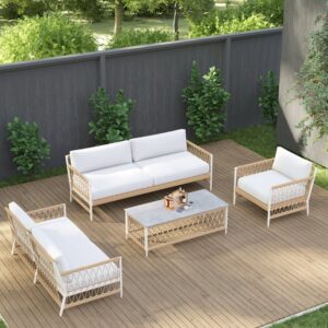 Ropipe 4-Piece Woven Rope Outdoor Sectional Sofa Set in Khaki & White for 6