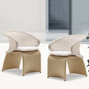 Outdoor Dining Armchairs Set of 2 - Aluminum & Rattan Patio Chairs in White & Khaki