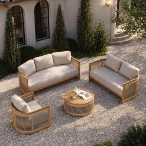 Teak & Rope Weave Outdoor Sofa Set for 6 with Table