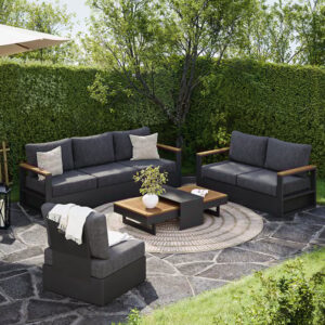 Tevara 6-Person Outdoor Sofa Set with Wood & Aluminum Frame, Gray (4-Piece)