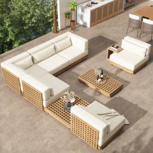 Grida 9-Piece Premium Teak Modular L-Shaped Outdoor Sectional Sofa Set with Beige Cushions and Coffee Tables