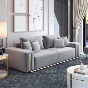 Modern Grey Cotton & Linen Upholstered 3-Seater Sofa for Living Room