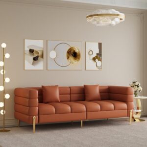 Axial 79" Faux Leather Fluted Sofa with Gold Legs & Pillows