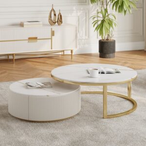 Sintered Stone Round Coffee Table with Drawers, Modern White Nesting Table Set (27.6"&35.4")
