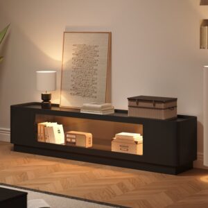 79'' Glass Door TV Stand Mid Century Modern Wood Media Console with Storage & LED in Black