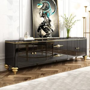 85" Freestanding TV Stand, Modern Media Console with 3 Drawers and Faux Marble in Black