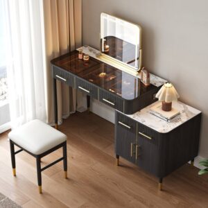 Black Makeup Vanity Set with Lighted Mirror & Stool Mid Century Modern Dressing Table with Glass Top