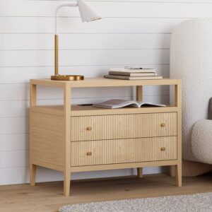 Wide Long Modern Smart Nightstand Set of 2 Fluted Bedside Table with 2 Drawers & Charging Station in Gold Handles