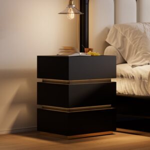 Black Smart Nightstand with LED, 3 Drawers & Charging