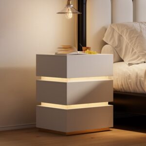 20" White 3-Drawer Nightstand (Set of 2) with Light & Charging Station