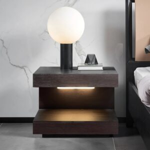 Rustic Wood C-shaped Nightstand with Drawer & Light