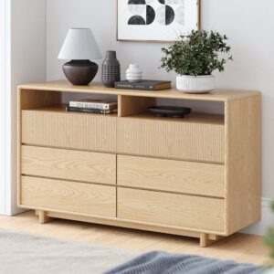Mid Century Modern 6-Drawer Wood Dresser with Shelves