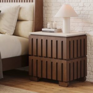 Ash Wood 2-Drawer Nightstand with Faux Travertine Top Set of 2