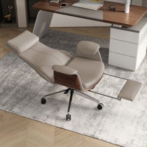 Reclining Leather Office Desk Chair with Adjustable Height & Swivel in Khaki