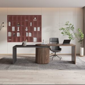L Shaped Desk with Storage, Rotatable Wooden Executive Computer Desk in Black & Walnut for Home & Office (59.8'')