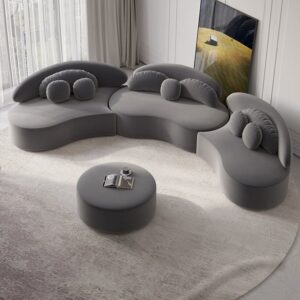 Velvet 4-Piece Sectional, Deep Gray Modular Sofa with Ottoman for Large Living Room (145.7")