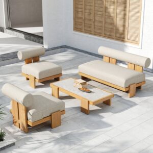 4 PCS Teak Outdoor Sofa Set Modern Yard & Patio Furniture for 4 Person in White