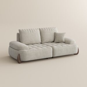 2-3 Seater Modern Tufted Beige Pet-Friendly Loveseat Couch, Deep Seat Cloud-Style Sectional Sofa Set with Solid Wood Legs & Water-Repellent, Scratch-Resistant, Anti-Shedding Fabric, Stain Resistant, Memory Foam, Cozy Round Sofa
