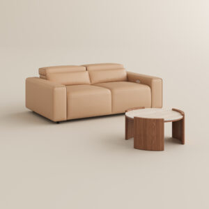 3-Power Seater Sofa & Coffee Table Living Room Set, Khaki Power Reclining Sofa & Walnut Round Coffee Table, Electric Couch Sectional Recliner with 3 Recliners, Mid-Century Modern Living Room Furniture