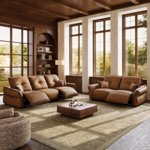 82″&115.5″Modern Khaki Dual Power Reclining Sofa & Loveseat Set, Wall-Hugger Design with Independent Headrest & Footrest,4 Recliners,Living Room Set