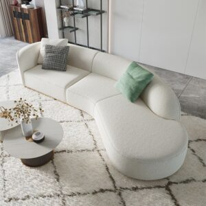 3400mm Curved White Sectional Sofa Upholstered 5-Seater Floor Sofa Faux-Fur Polyester