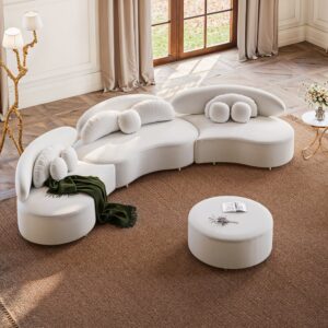 Velvet 4-Piece Sectional, Beige Modular Sofa with Ottoman for Large Living Room (145.7″)