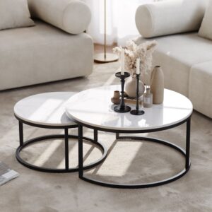 Fero Moderner 2-teiliger runder Couchtisch aus Sintered Stone und Metall in Marmoroptik