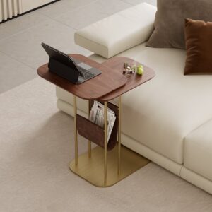 C-Shaped Walnut Side Table with Storage, Wood End Table for Living Room (23.6″)