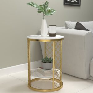 19.7″ Round Sintered Stone Side Table, Gold Frame End Table for Living Room