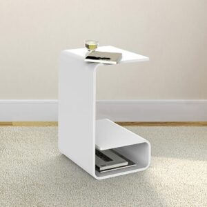 C-Shaped White Side Table with Storage, Modern End Table for Living Room (23.6″)
