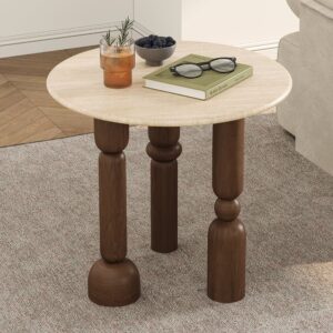Mid Century Modern Side Table Travertine Top Solid Wood Round End Table with Geometric Legs