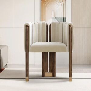 Modern Wood Accent Chair Beige Velvet Upholstered Arm Chair Set of 2