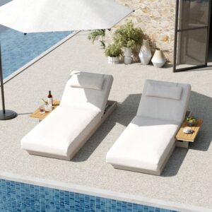Tevara Wood & Aluminum Outdoor Lounger Daybed Patio Furniture in Warm White Cushion Set of 2